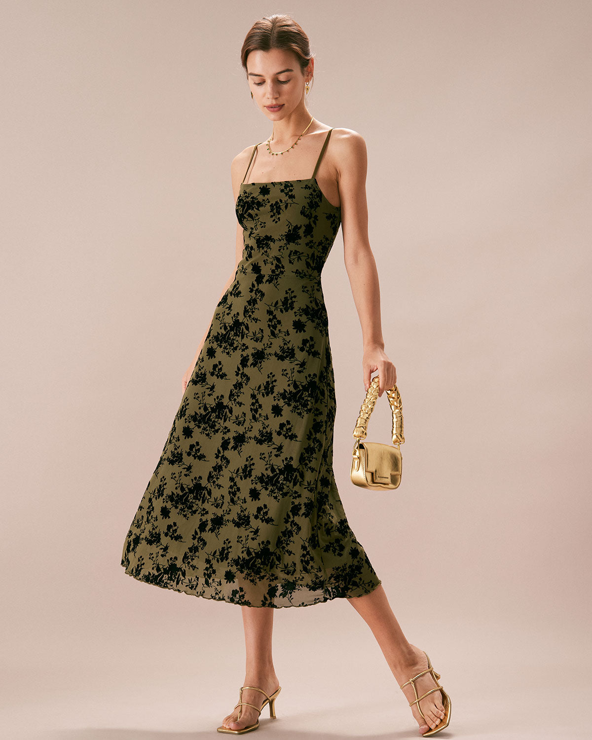 Vestido midi slip, corte A, em burnout floral — Verde