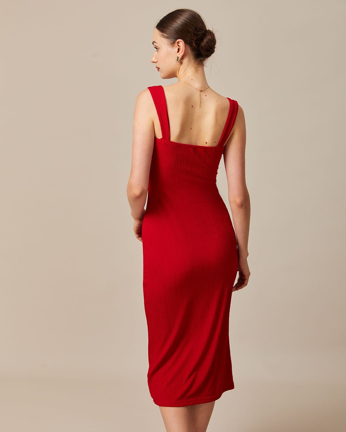 Vestido Canelado Midi com Decote Quadrado — Vermelho