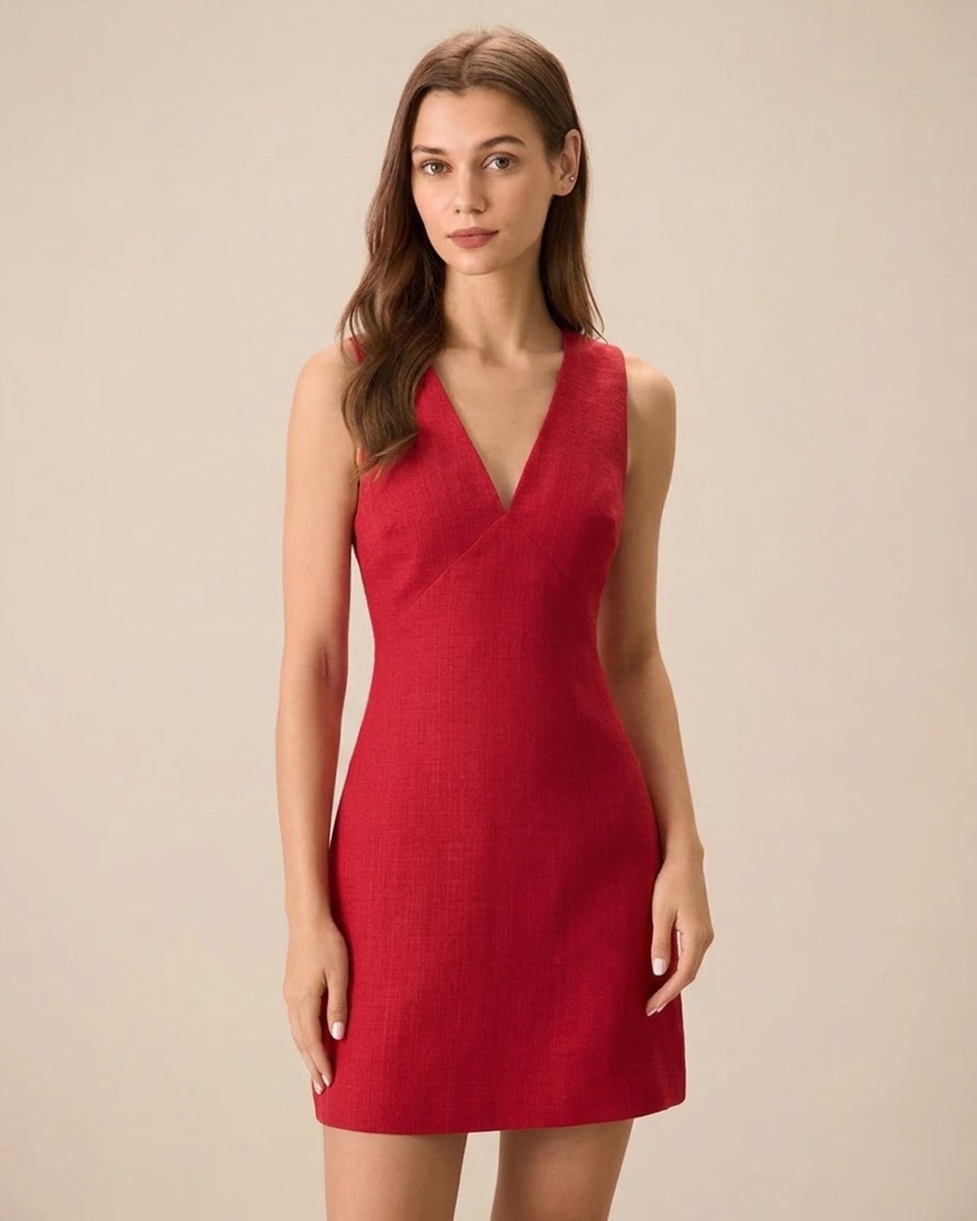 Vestido curto de linho sem mangas com decote em V — Vermelho