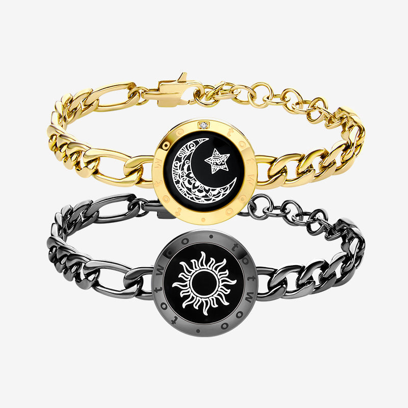 Sun & Moon Touch Bracelets with Figaro Chain (Black+Gold)