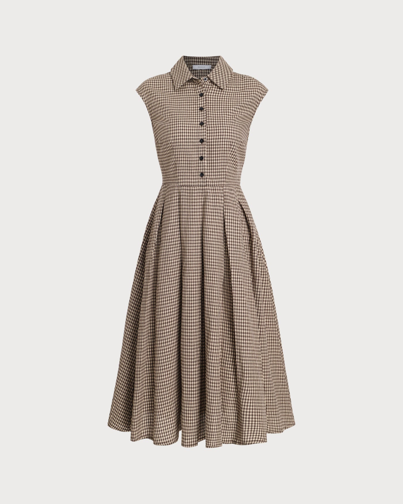 Vestido midi xadrez marrom com botões e saia plissada