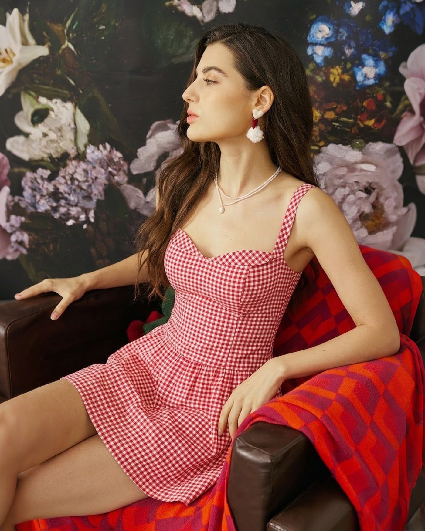Mini vestido slip xadrez vermelho com decote em coração