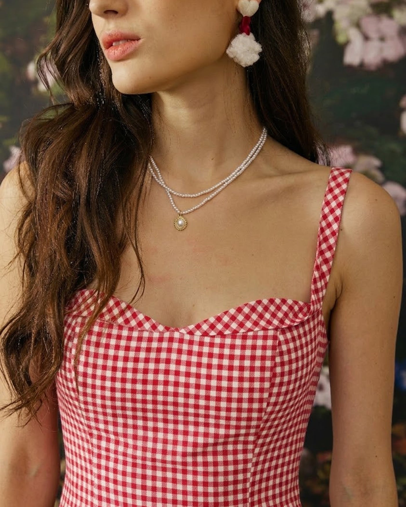 Mini vestido slip xadrez vermelho com decote em coração