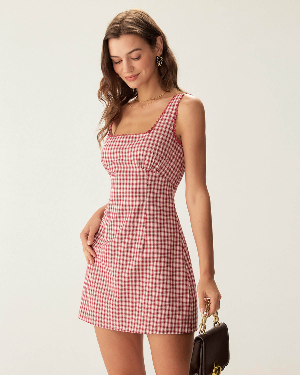 Vestido mini slip em vichy vermelho com decote quadrado