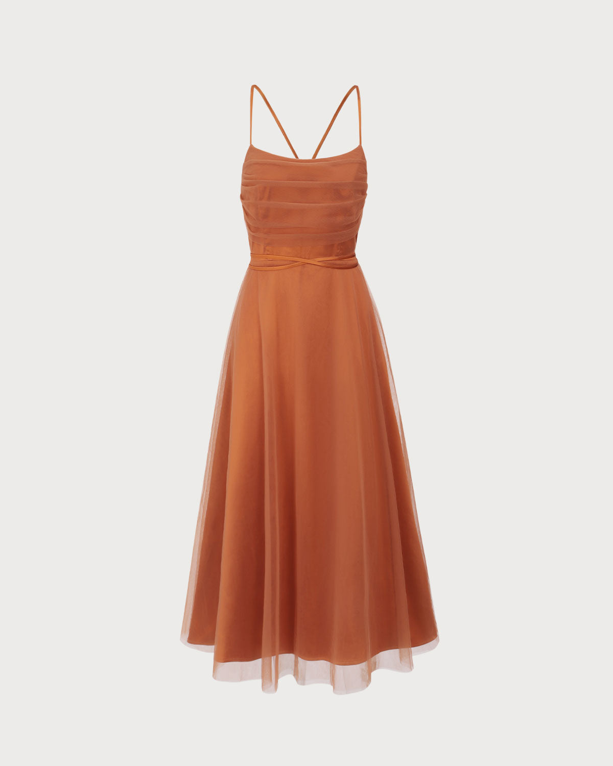 Vestido slip midi fluido em tule — Caramelo