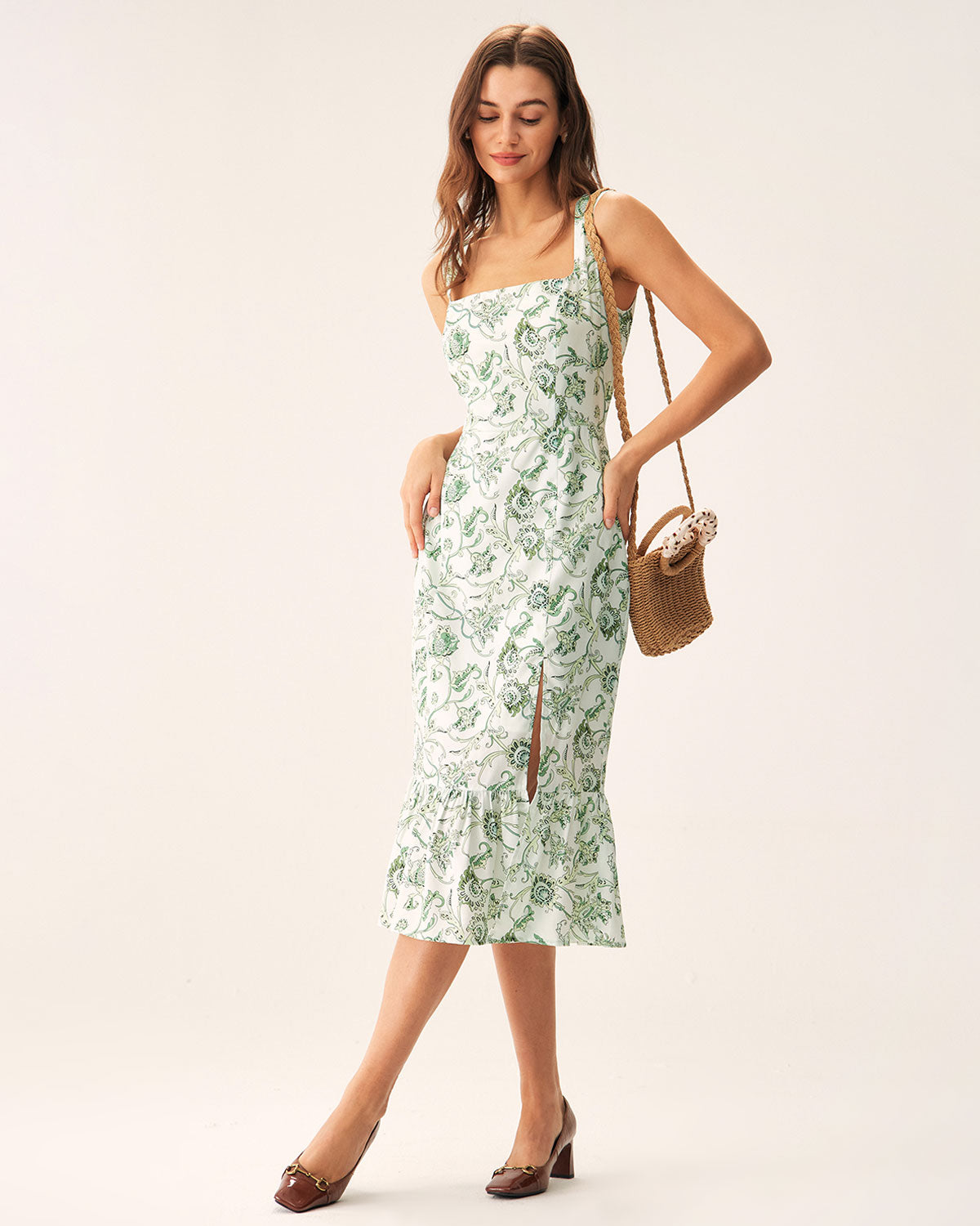 Vestido midi verde floral com decote quadrado