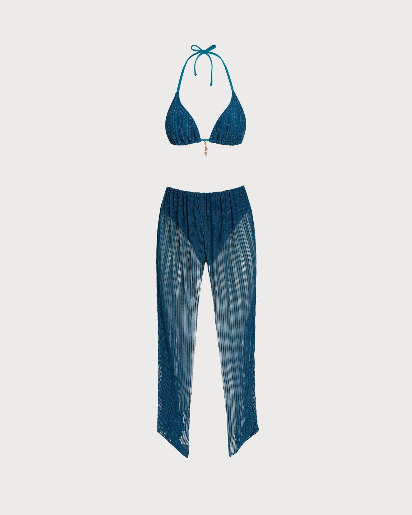 Conjunto de biquíni halter azul com lantejoulas e amarração