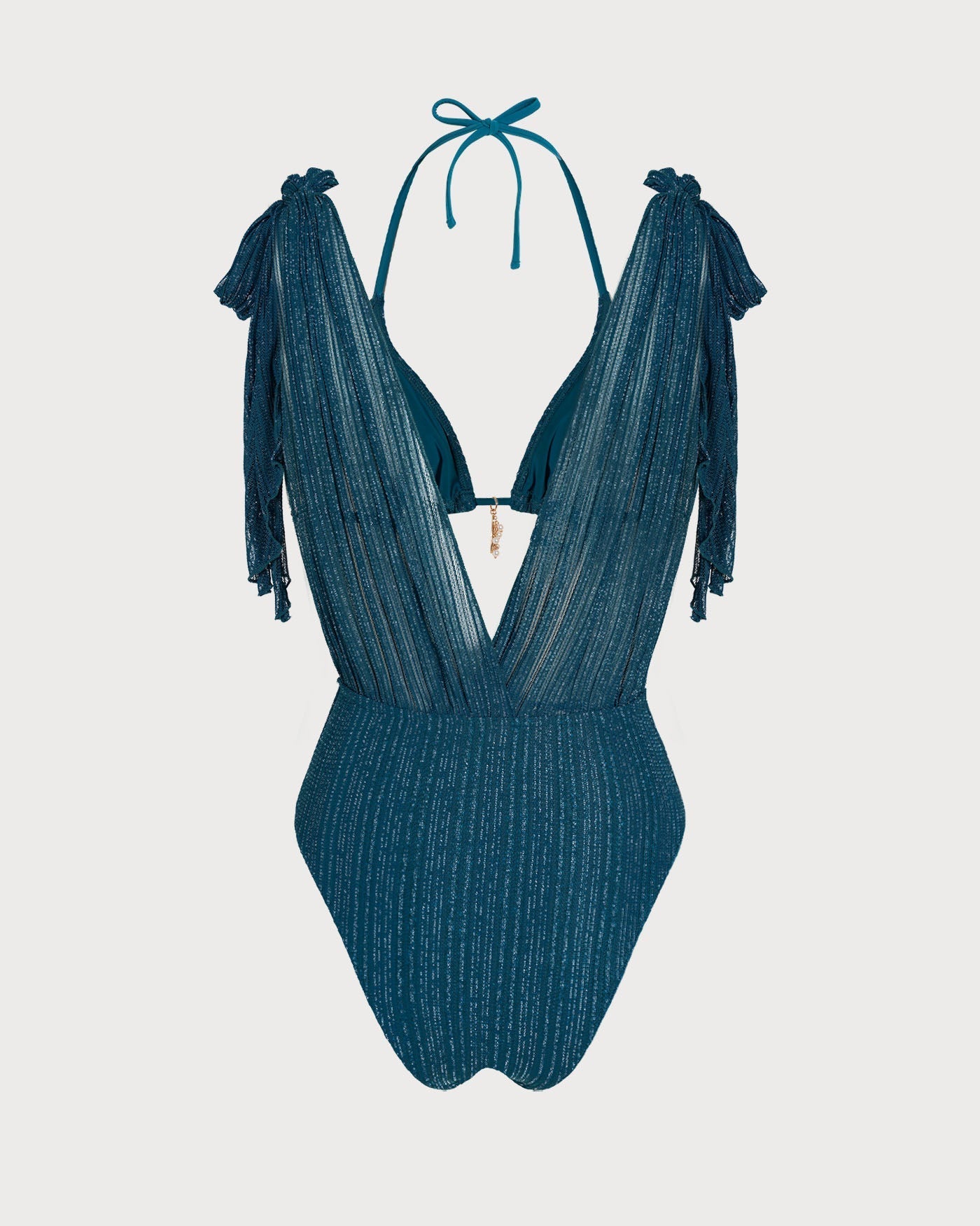 Conjunto de biquíni halter azul com lantejoulas e amarração