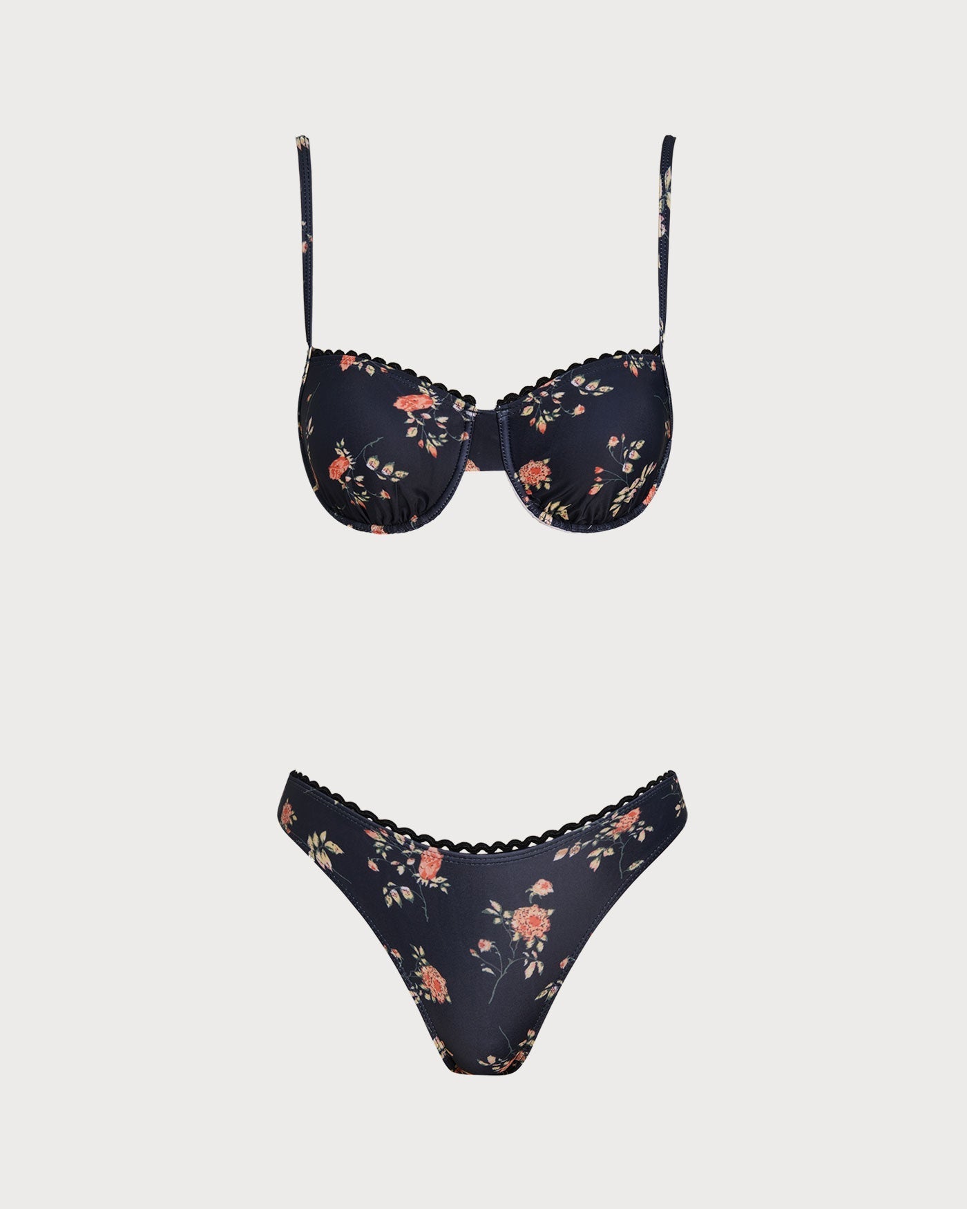 Conjunto de biquíni com aro e estampa floral azul-marinho