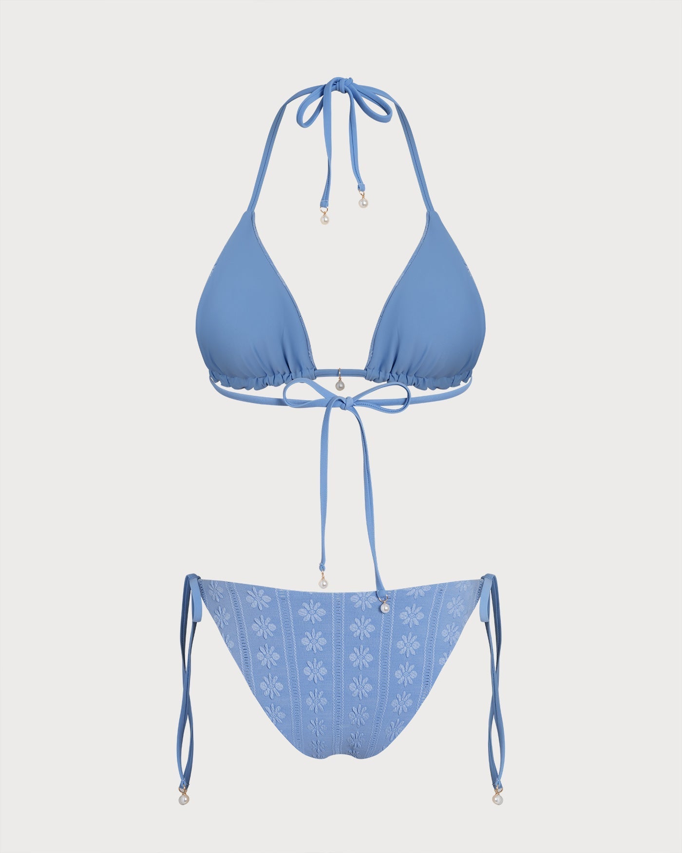 Conjunto de biquíni cortininha reversível com amarração no pescoço — Azul
