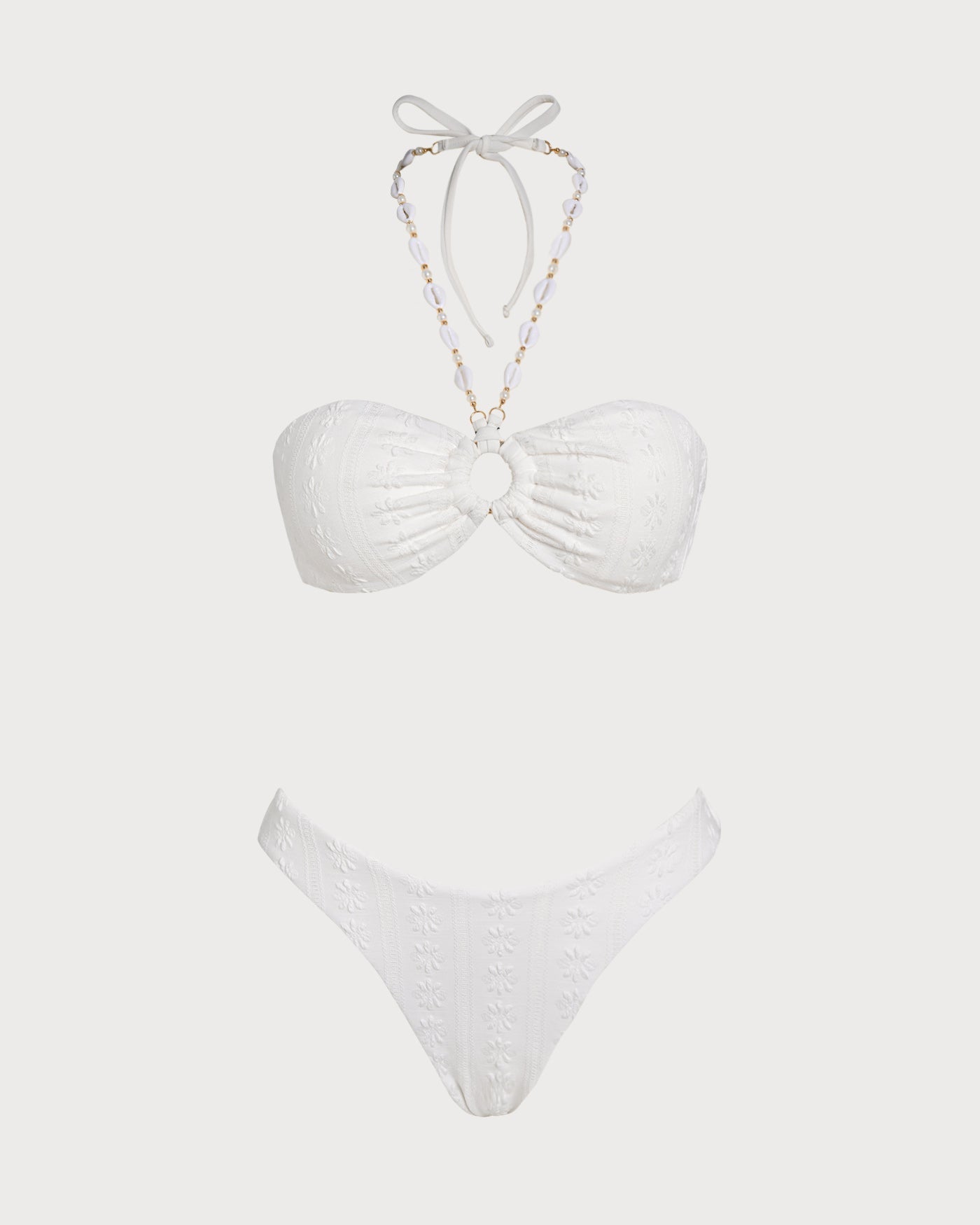 Conjunto de biquíni branco em jacquard com top bandeau e alça halter