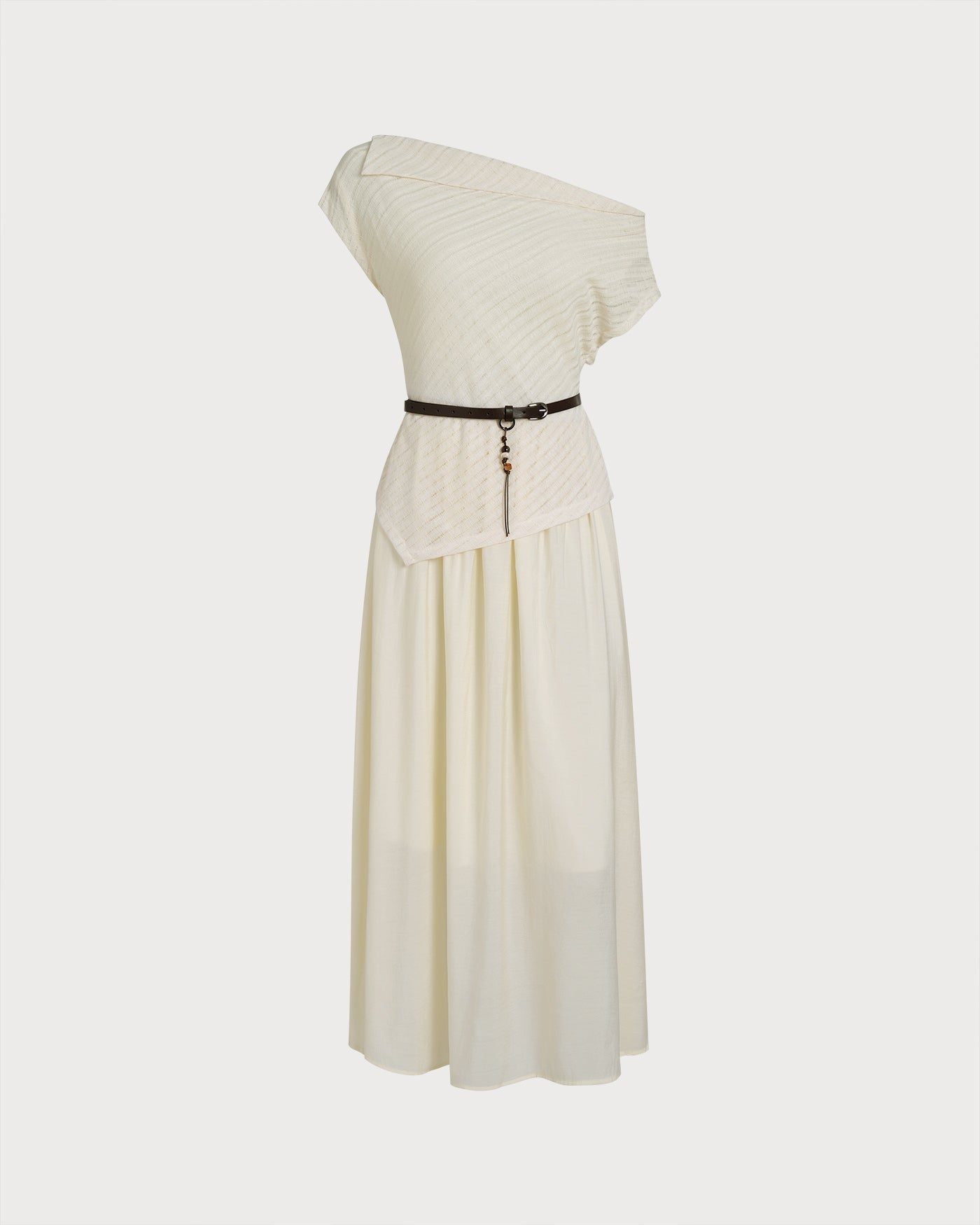 Vestido midi damasco com decote canoa e cinto