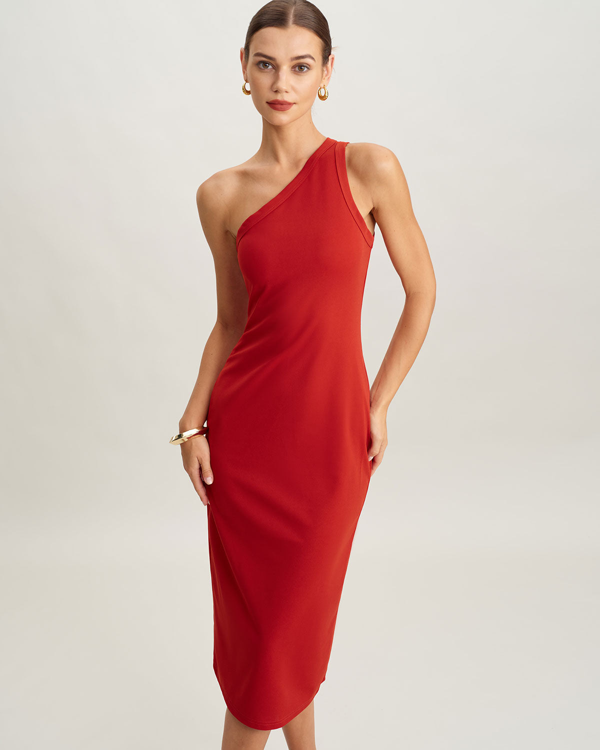 Vestido midi de malha com um ombro só — vermelho