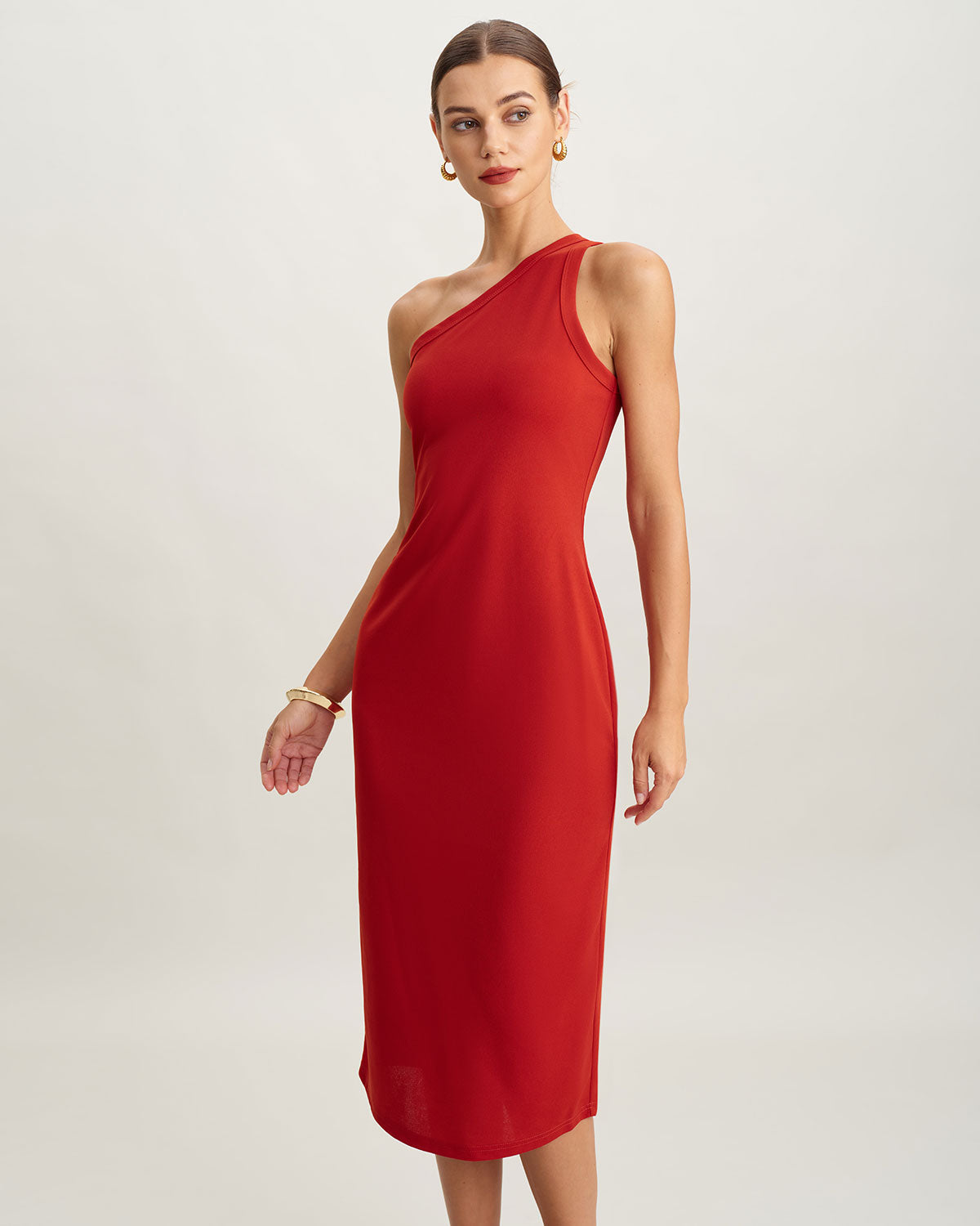 Vestido midi de malha com um ombro só — vermelho
