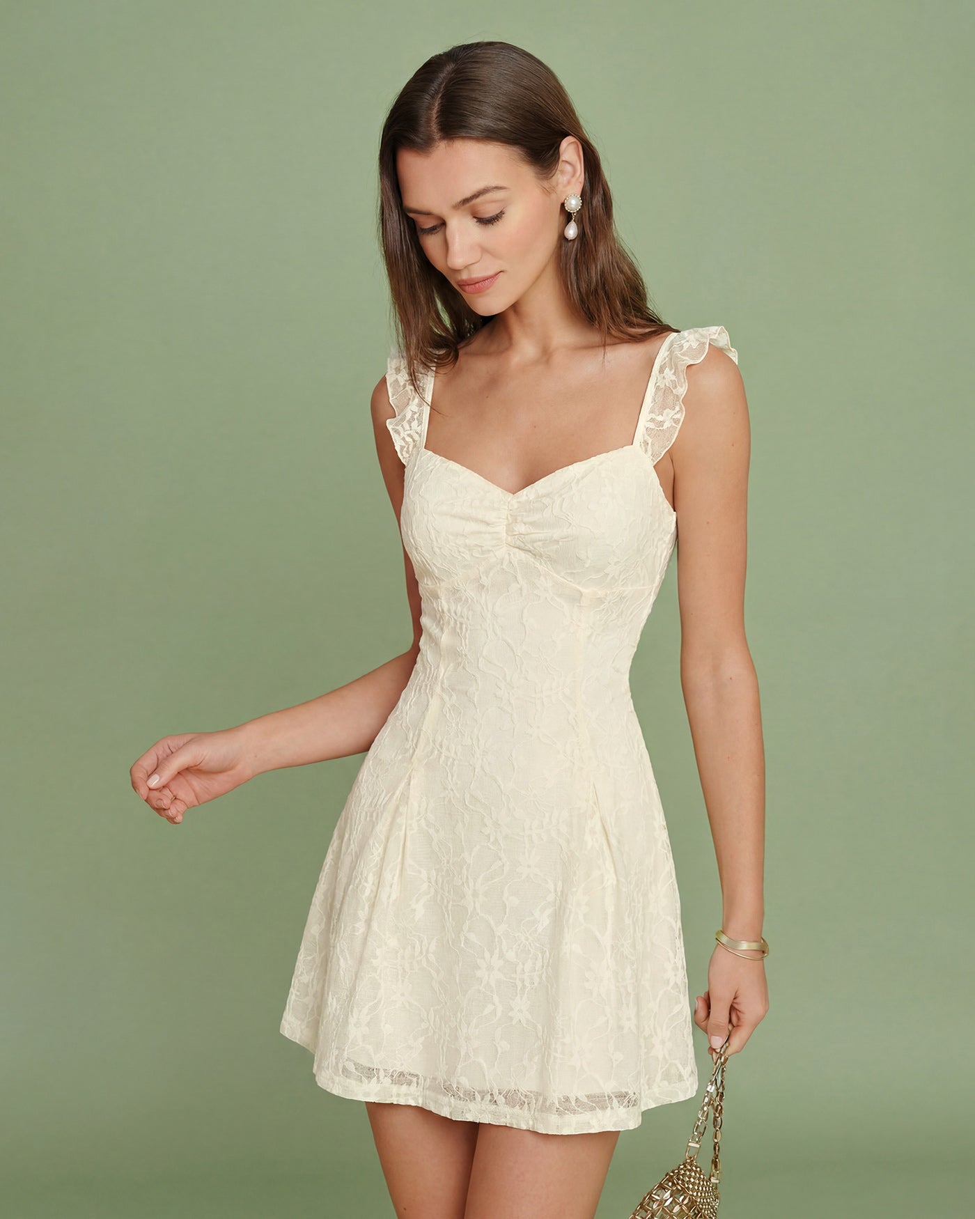 Vestido mini de renda floral com decote coração — Damasco