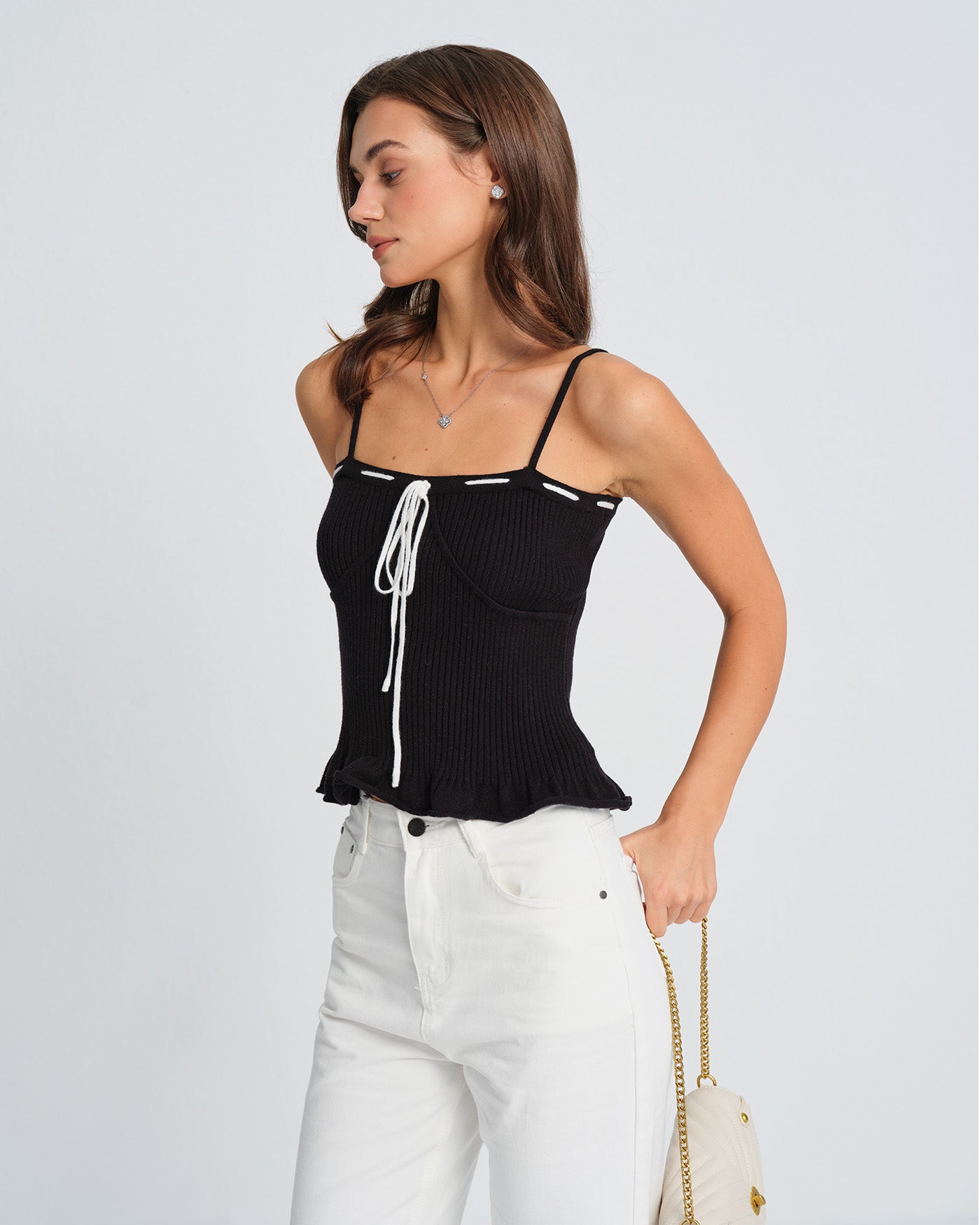 Top cami tomara-que-caia com detalhe contrastante — Preto