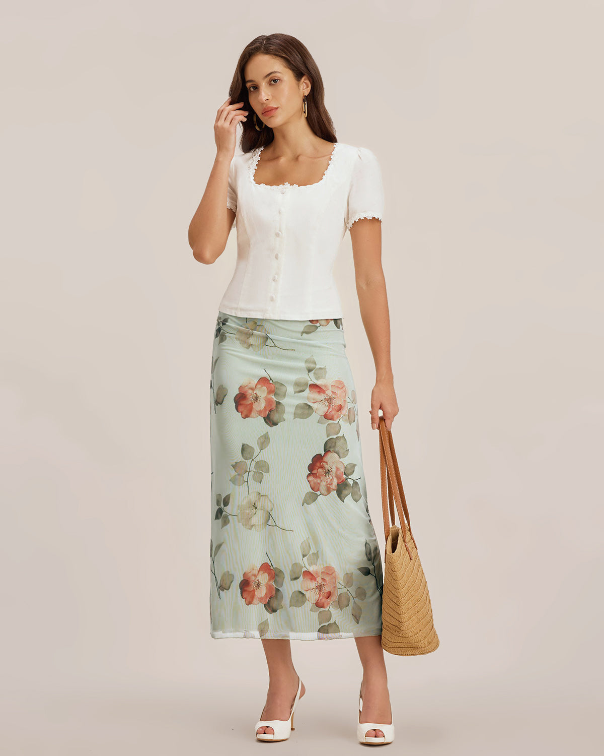 Blusa de renda com decote quadrado e botões — Branco