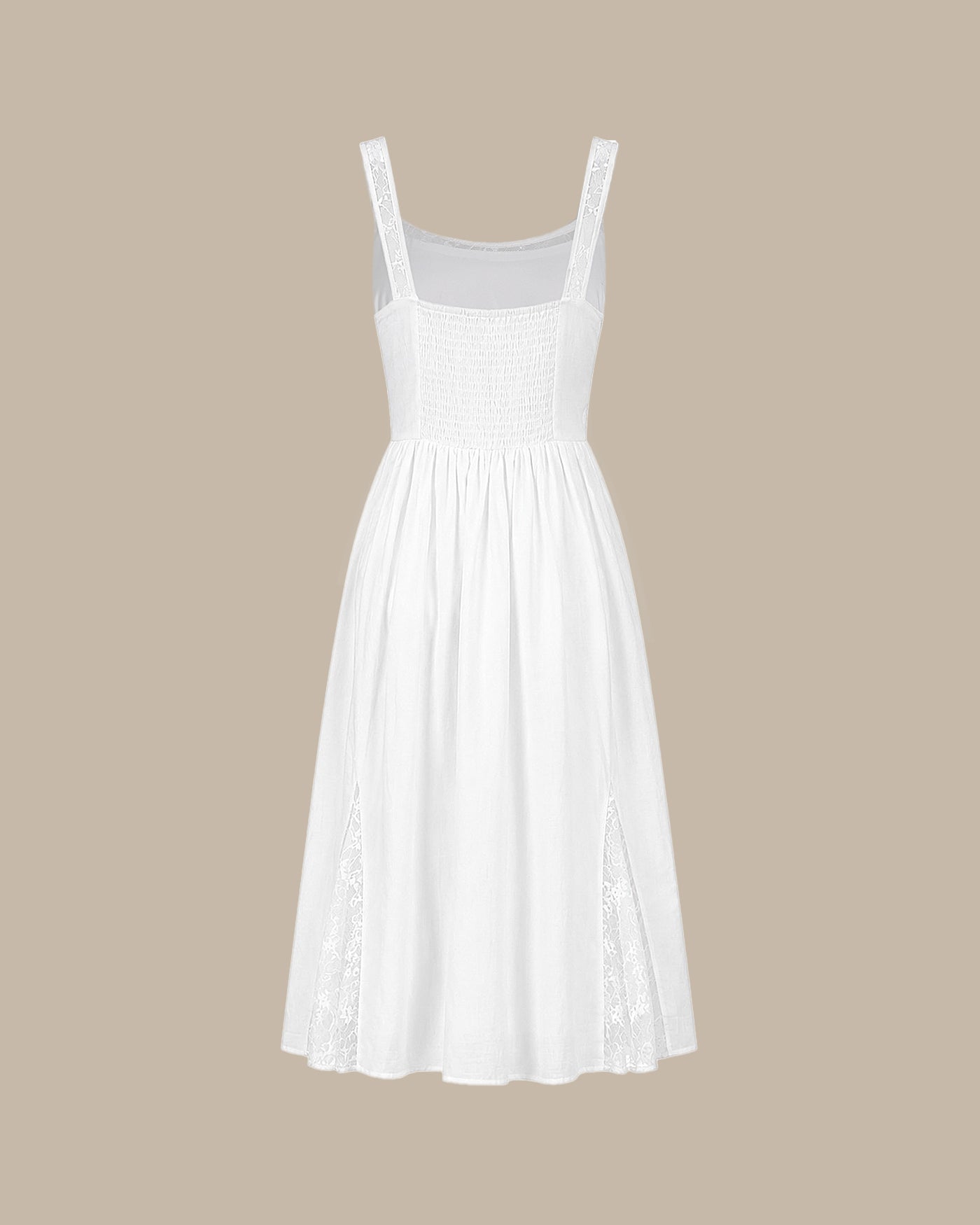 Vestido Midi Branco com Recortes em Renda e Franzidos