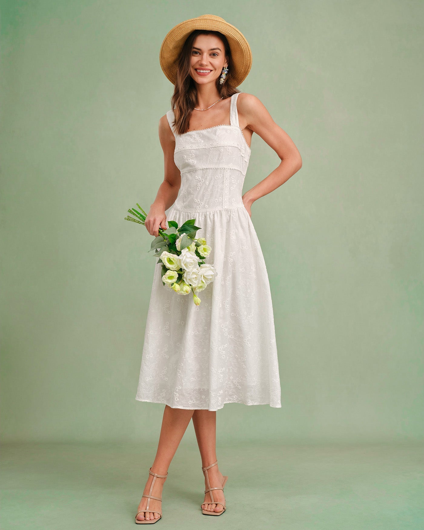Vestido slip midi com decote quadrado — Branco