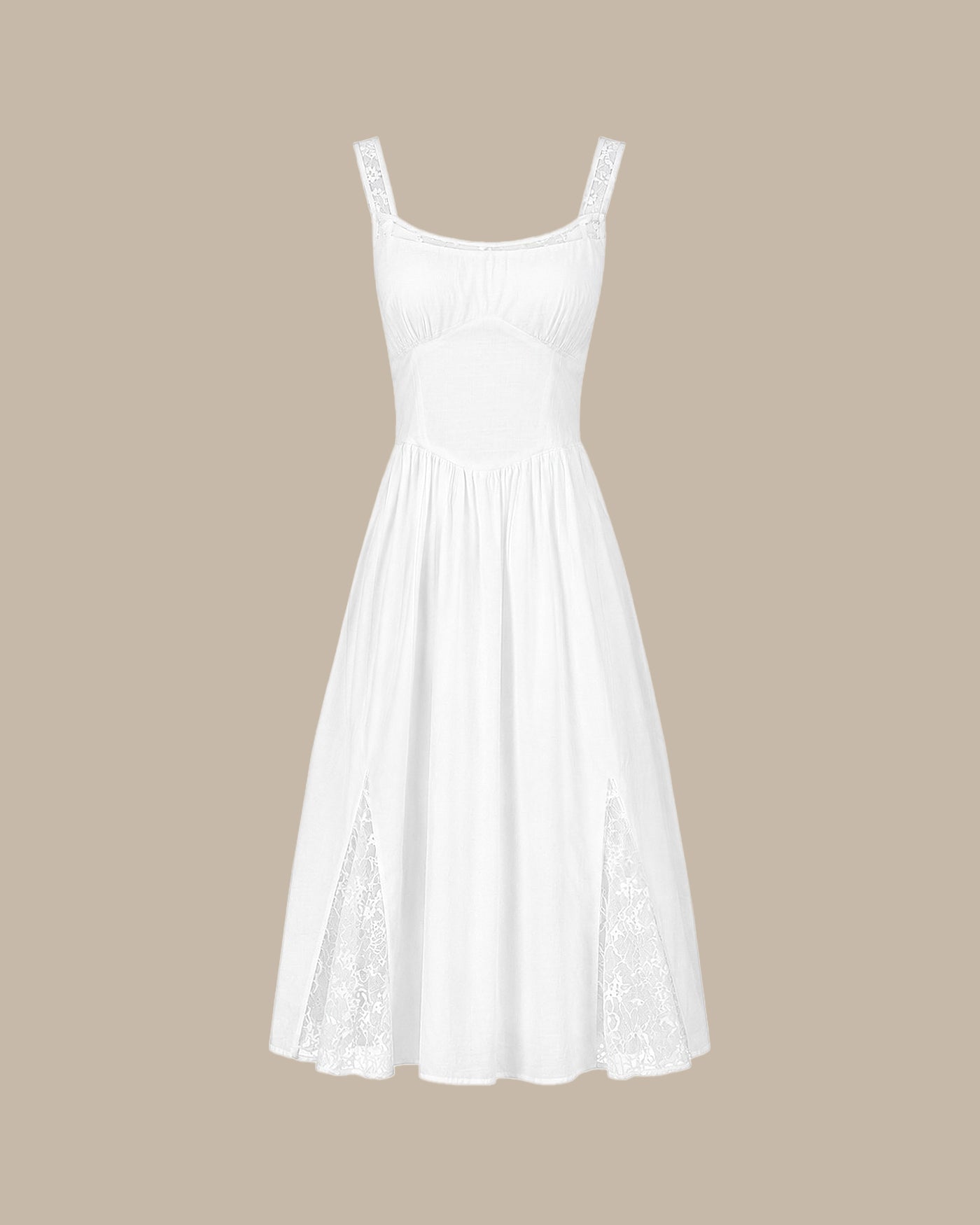 Vestido Midi Branco com Recortes em Renda e Franzidos
