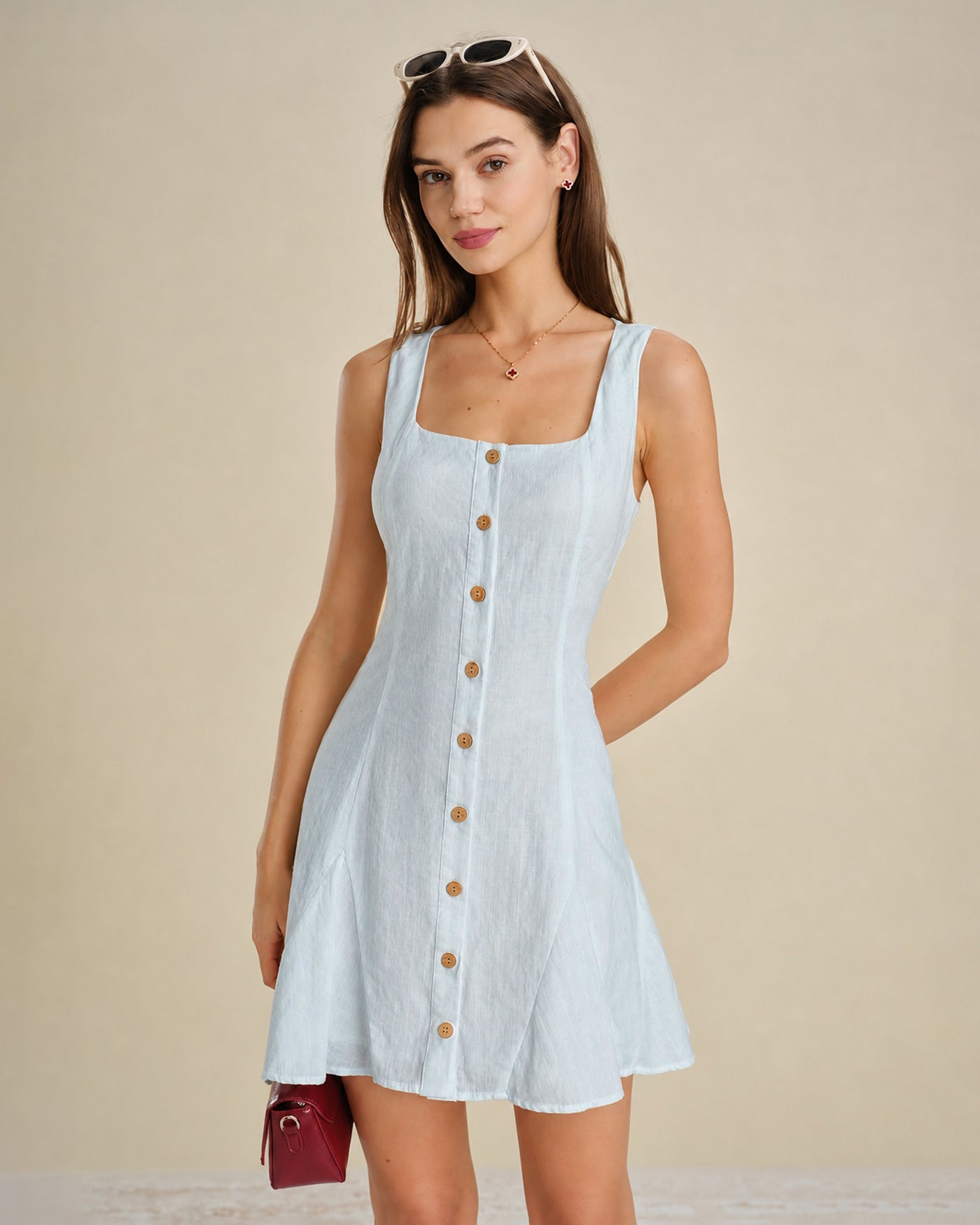 Vestido curto texturizado com decote quadrado — Azul