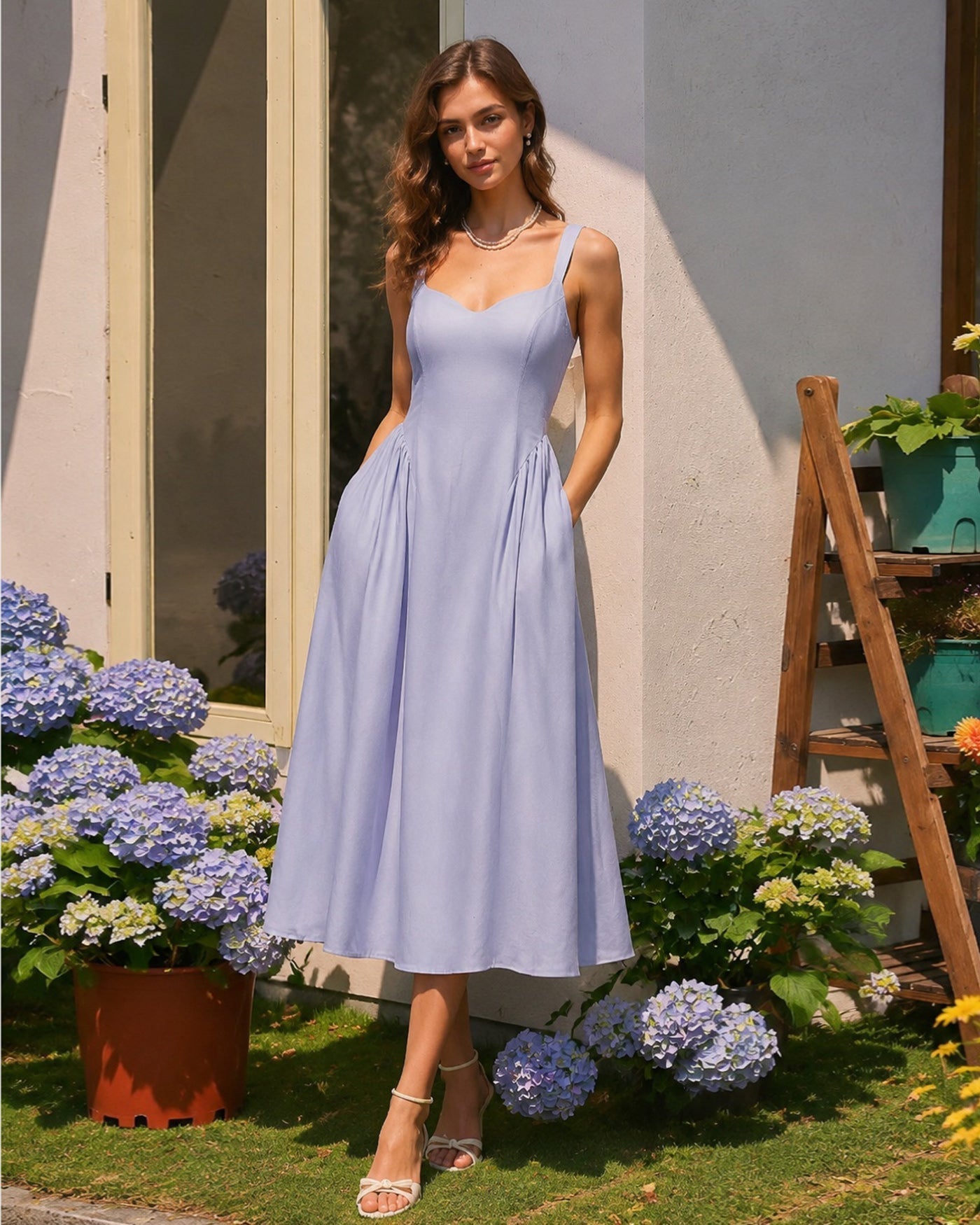 Vestido slip midi azul claro com franzido