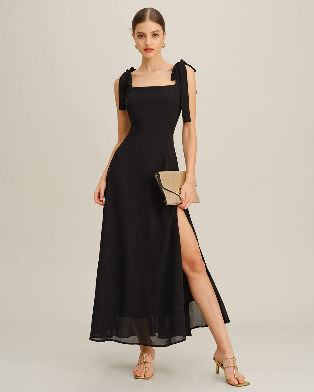 Vestido Maxi de Chiffon com Alças de Amarrar — Preto