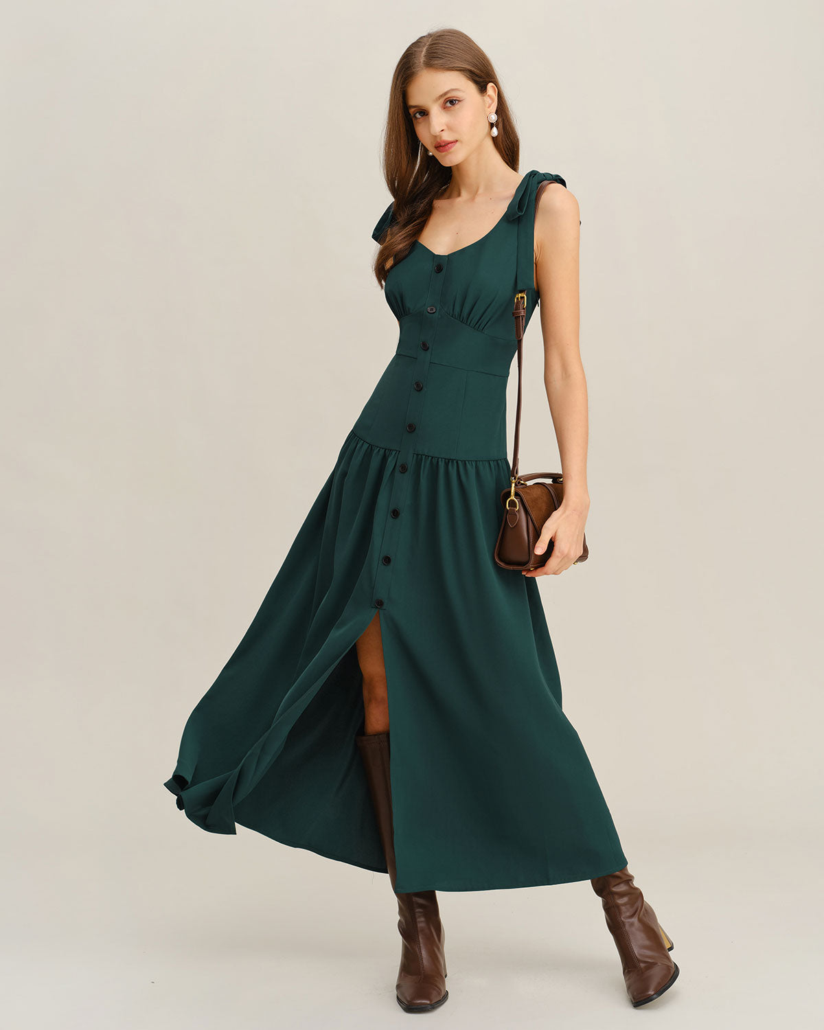 Vestido longo evasê sem mangas com franzido — Verde