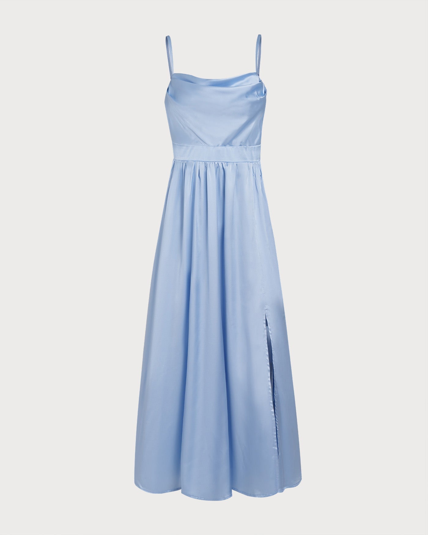 Vestido longo slip de cetim azul com franzidos