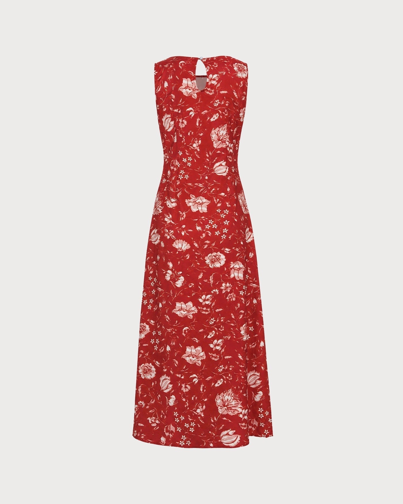 Vestido Longo Vermelho com Decote Canoa, Estampa Floral e Fenda