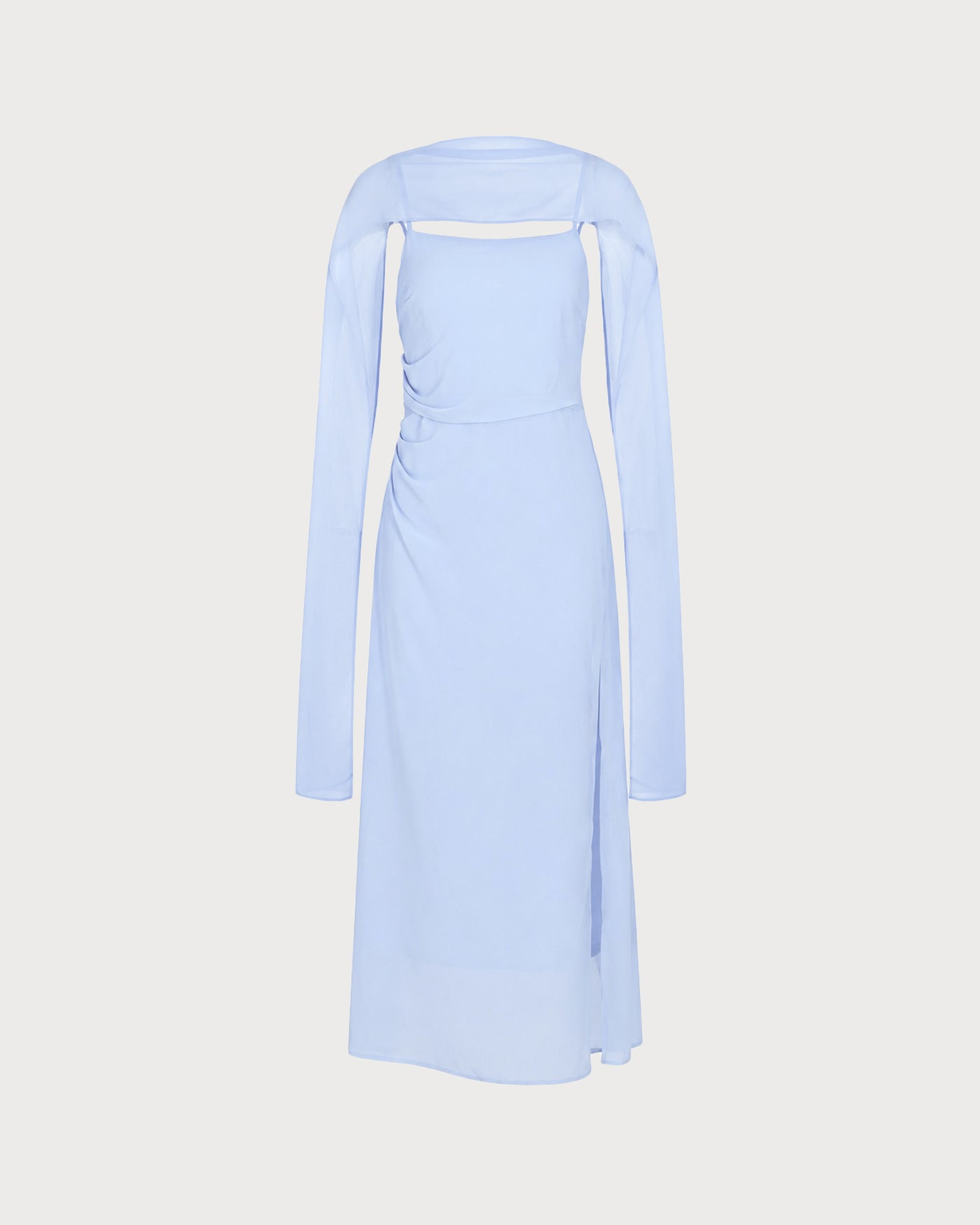 Vestido longo em chiffon azul com decote drapeado e alças