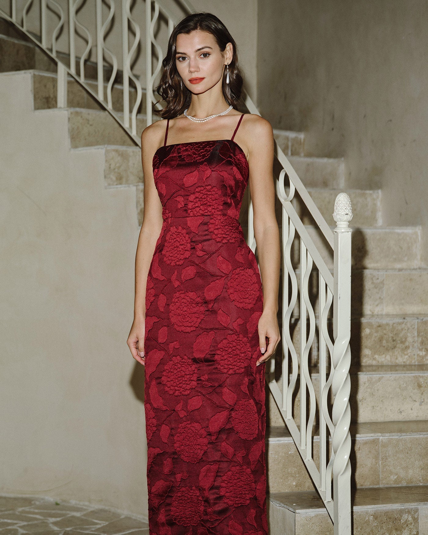 Vestido longo em jacquard vermelho