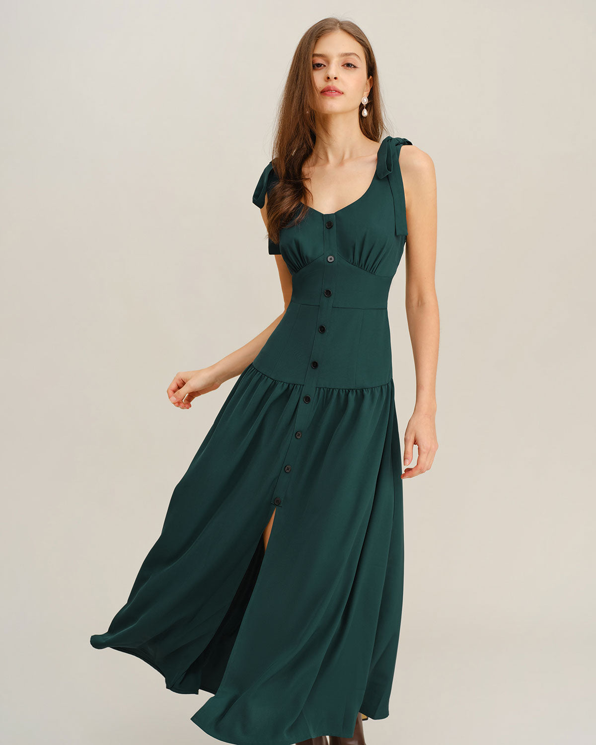 Vestido longo evasê sem mangas com franzido — Verde