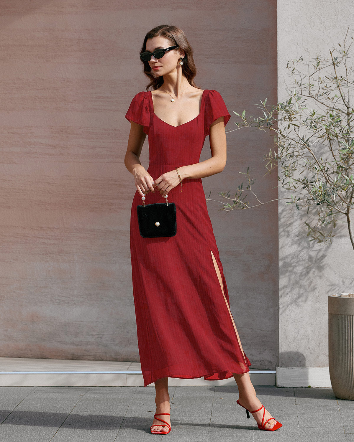 Vestido longo em jacquard com decote coração — Vermelho