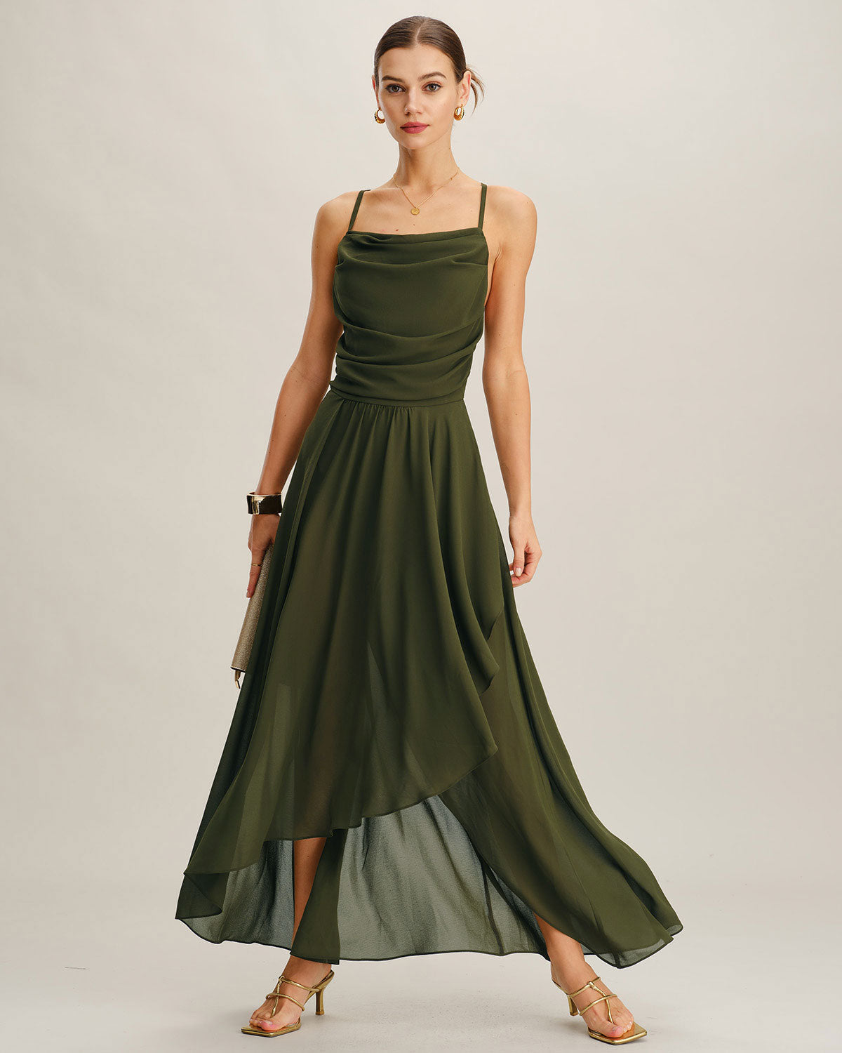 Vestido maxi slip em chiffon verde, corte em A