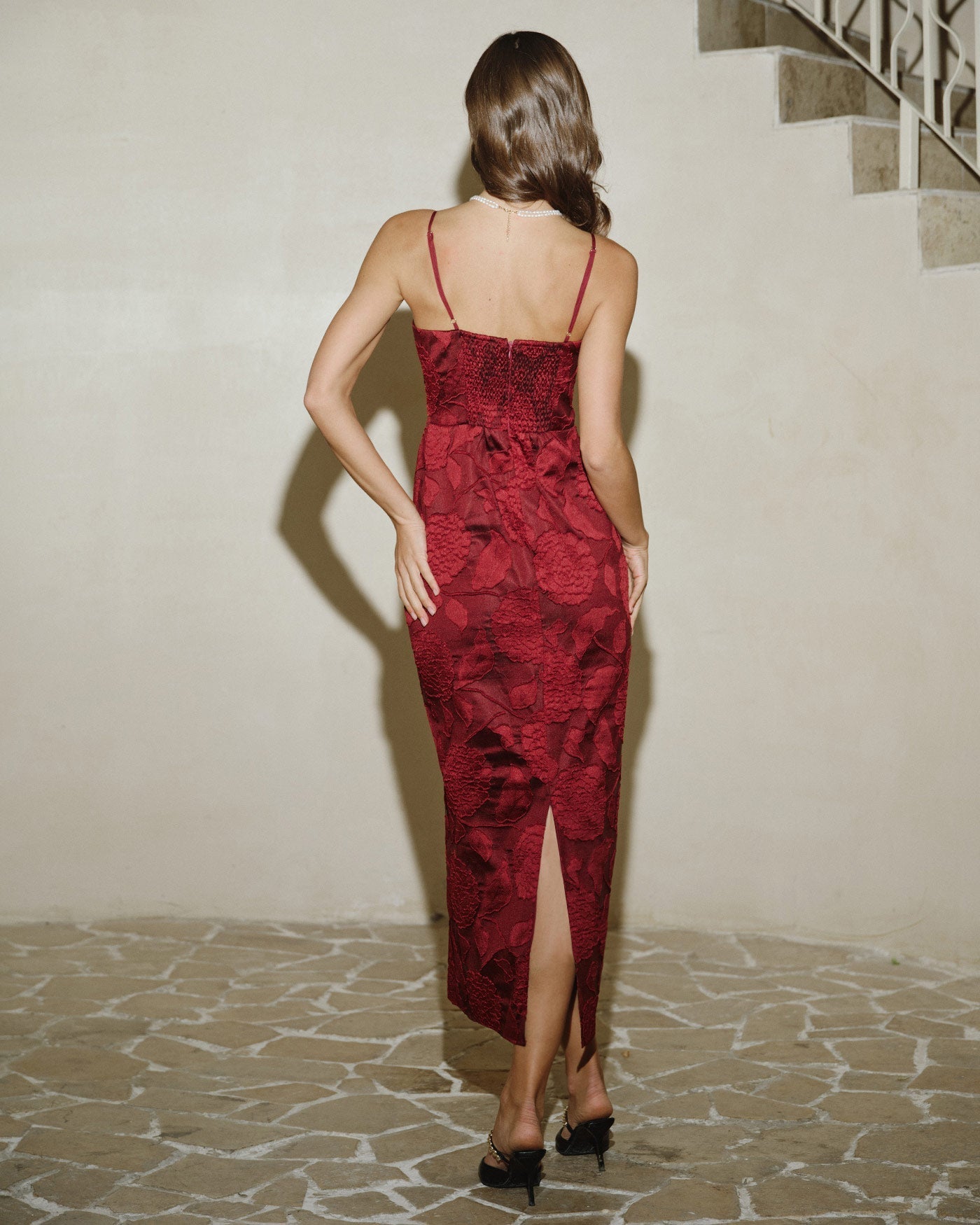 Vestido longo em jacquard vermelho