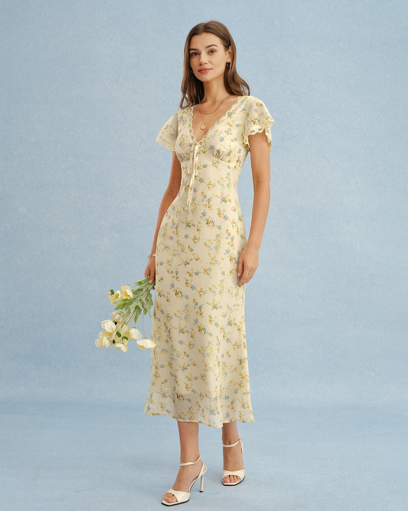 Vestido Longo Floral de Renda com Decote em V — Amarelo