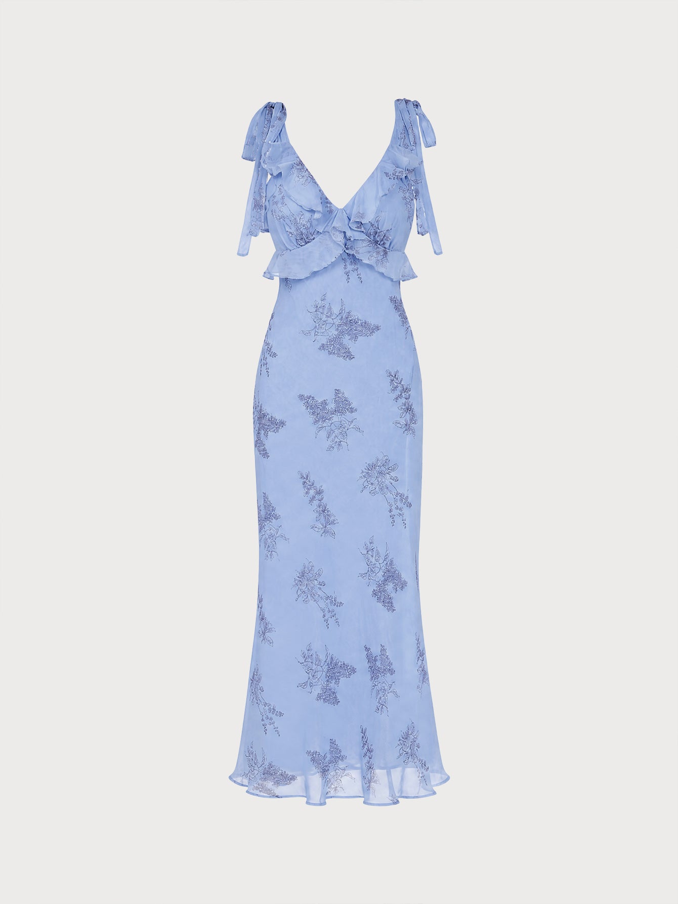 Vestido longo floral azul com babados e alças de amarrar