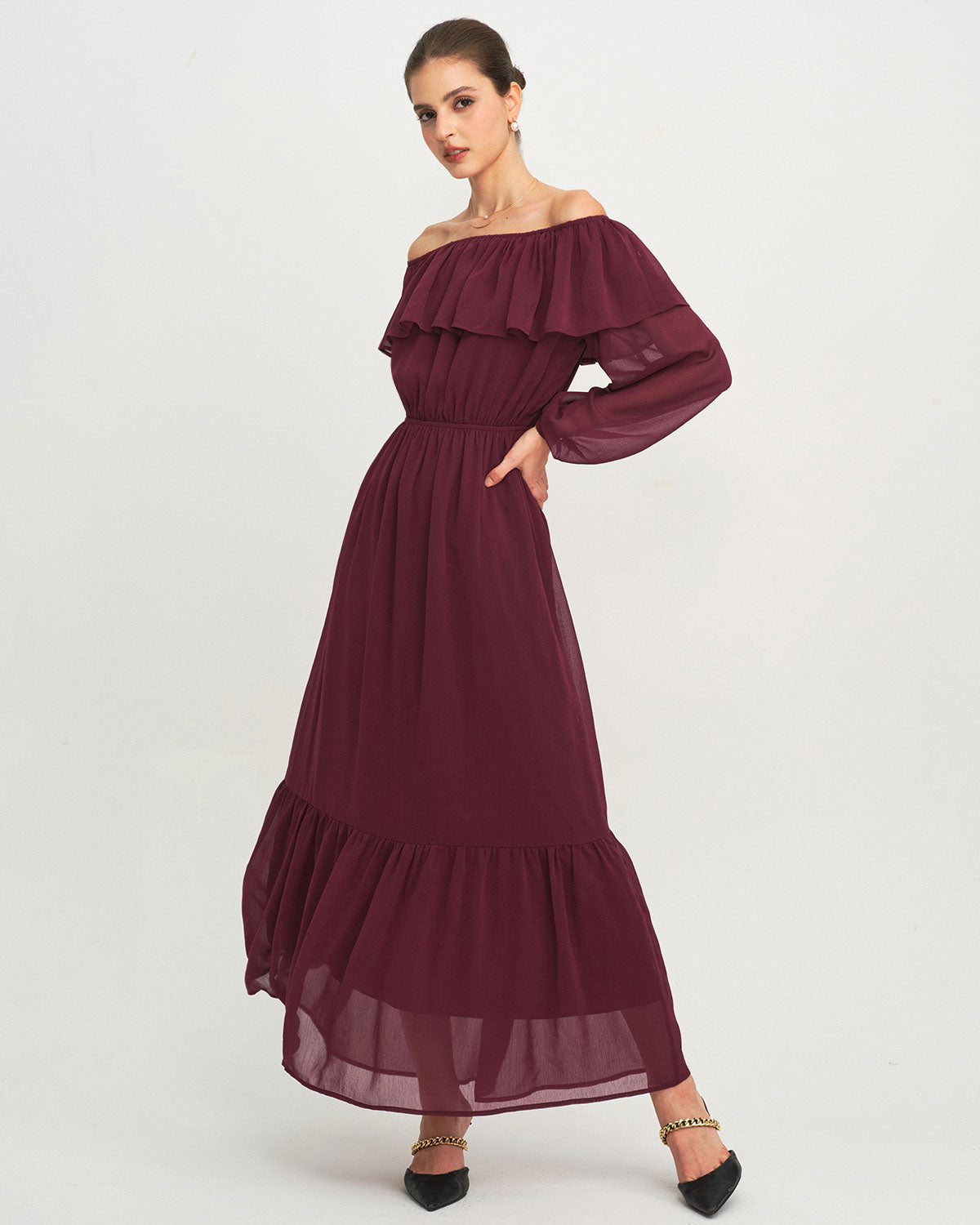 Vestido Longo Vinho com Babados e Decote Canoa