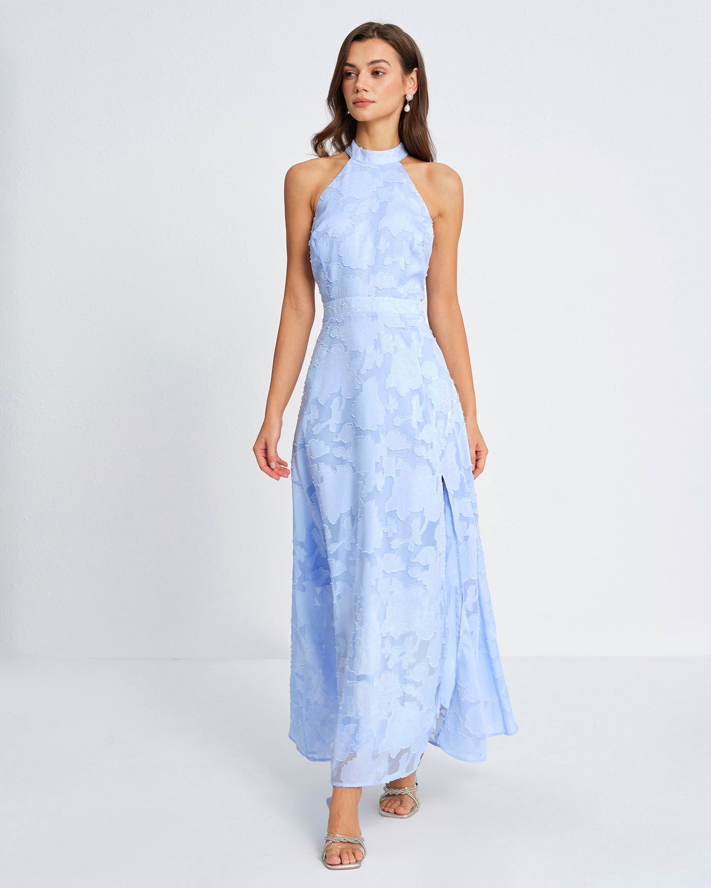 Vestido longo em jacquard com gola alta — Azul