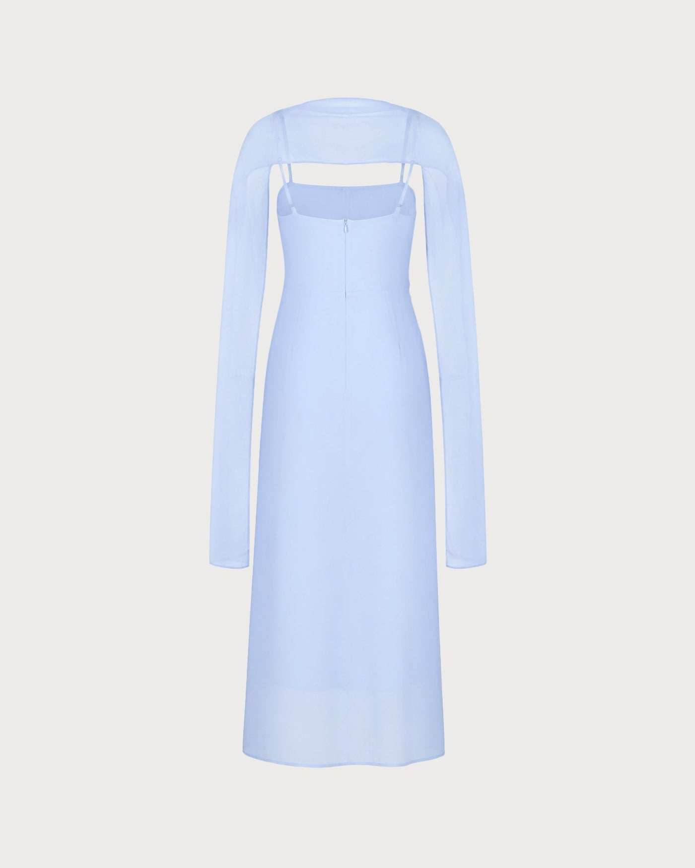 Vestido longo em chiffon azul com decote drapeado e alças