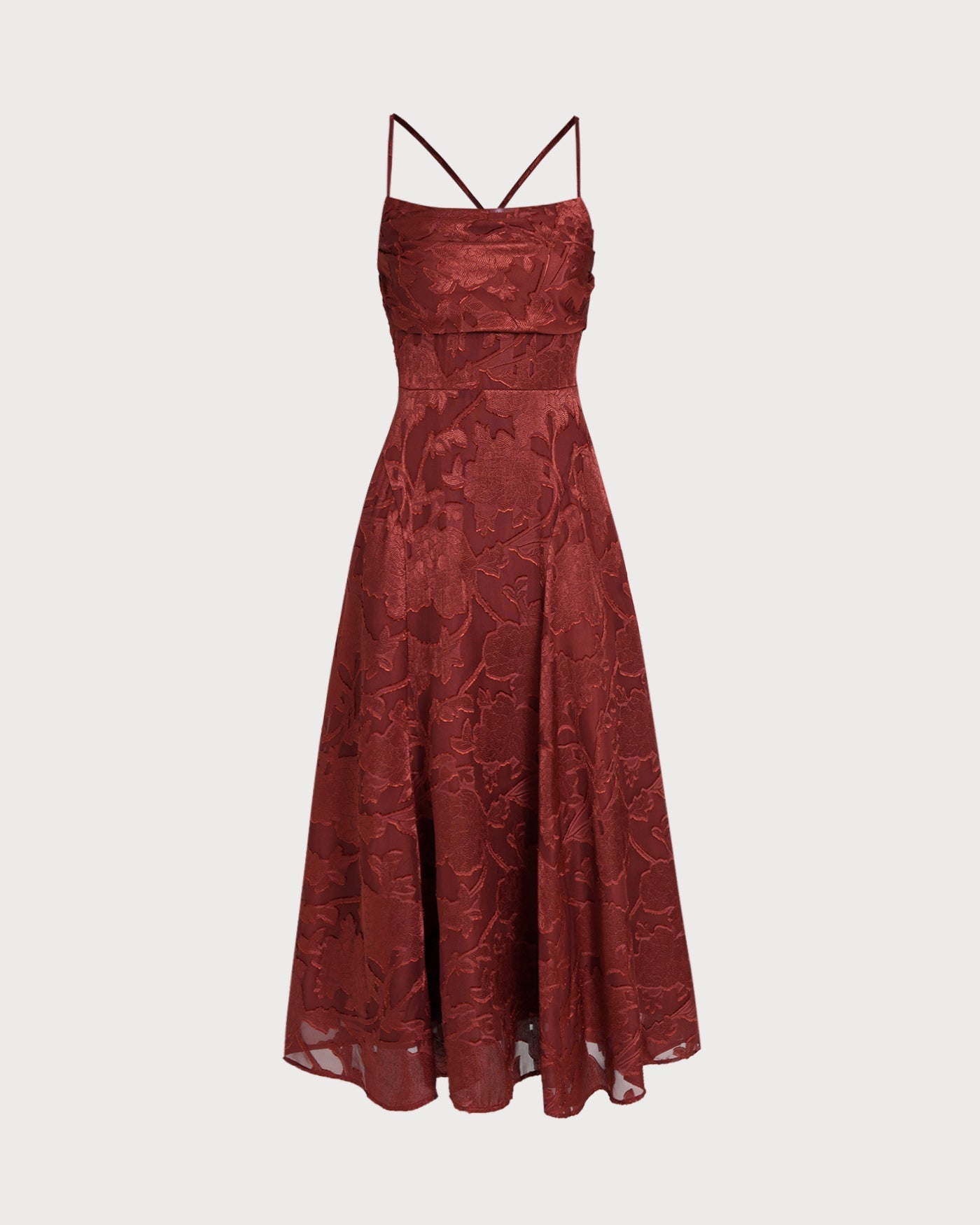 Vestido Longo Floral Vermelho Tijolo com Detalhe Cruzado em X