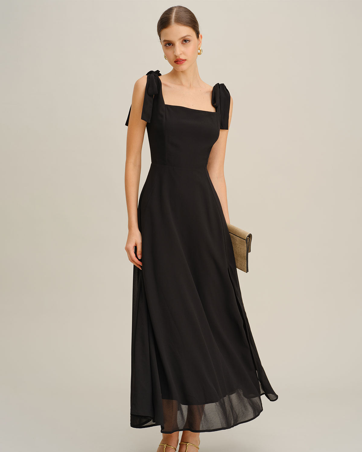 Vestido Maxi de Chiffon com Alças de Amarrar — Preto
