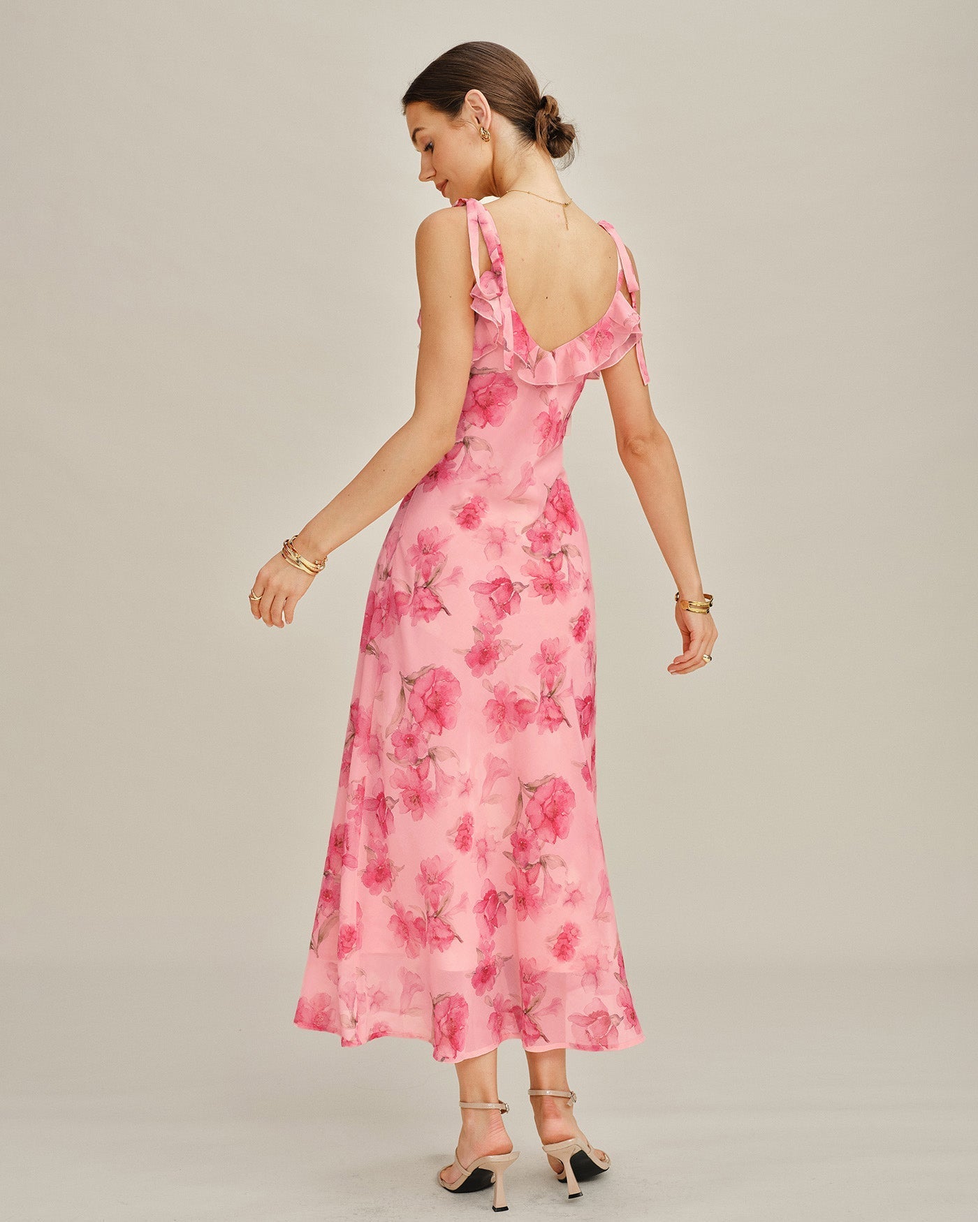 Vestido Longo Estilo Slip em Chiffon Rosa Floral com Babados