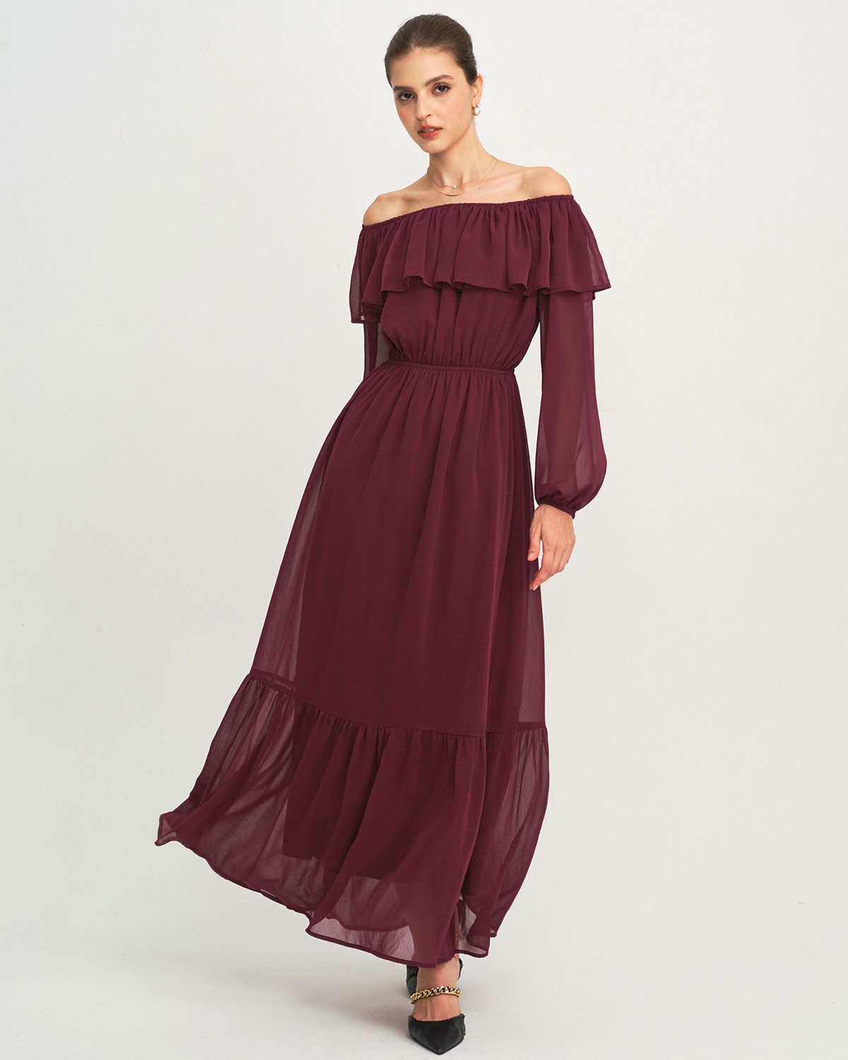 Vestido Longo Vinho com Babados e Decote Canoa
