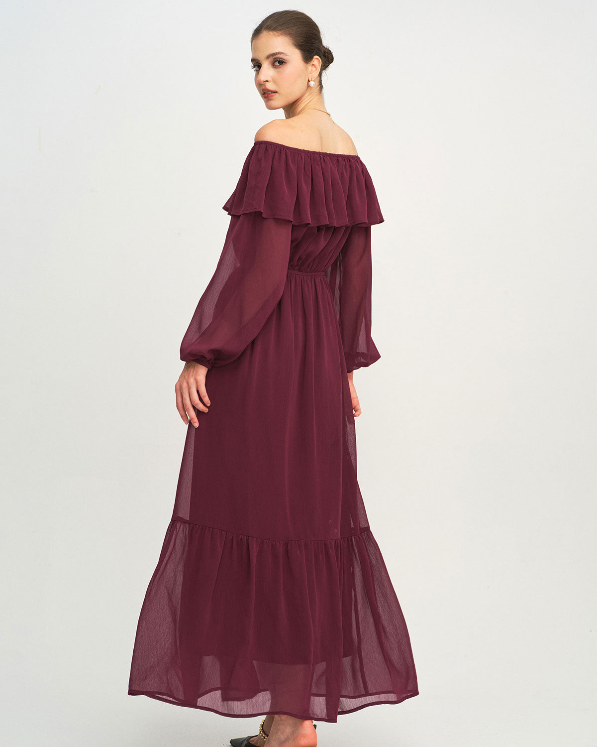 Vestido Longo Vinho com Babados e Decote Canoa