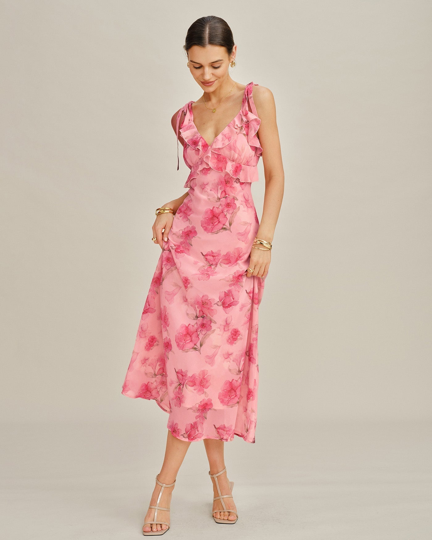 Vestido Longo Estilo Slip em Chiffon Rosa Floral com Babados