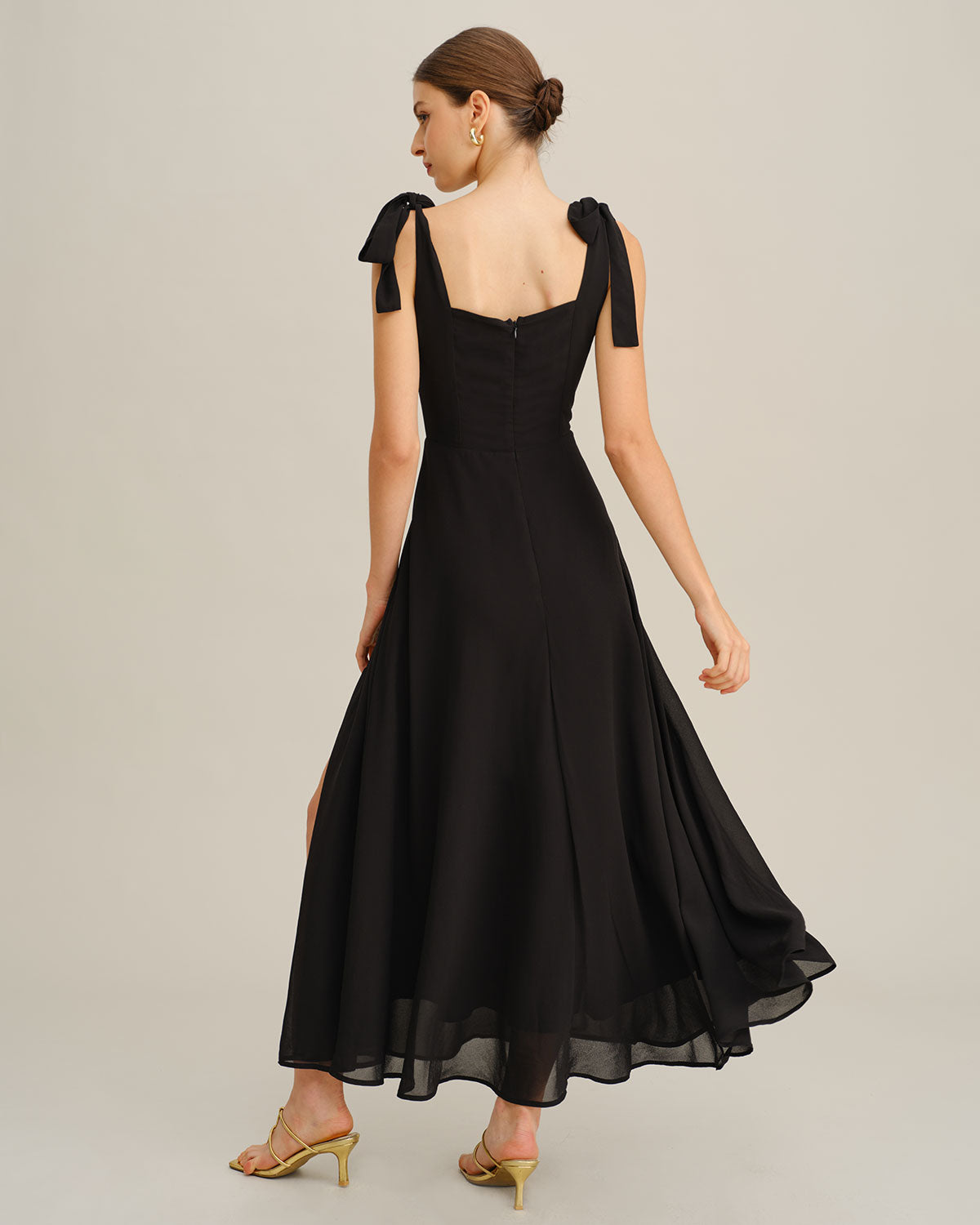 Vestido Maxi de Chiffon com Alças de Amarrar — Preto