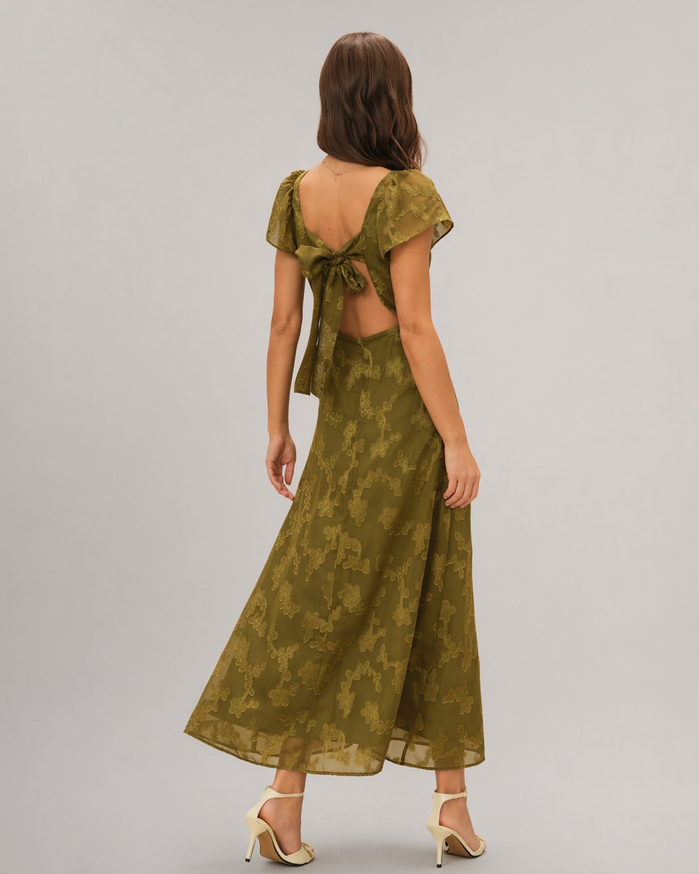 Vestido longo em jacquard com decote coração — Verde