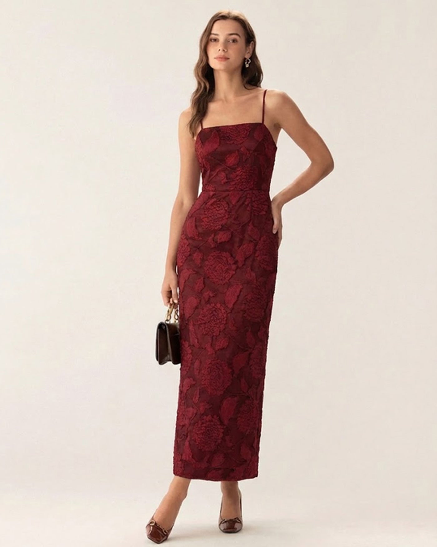 Vestido longo em jacquard vermelho